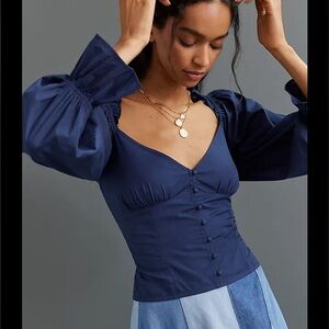 Anthropologie Blue Puff Sleeve Bustier Blouse
